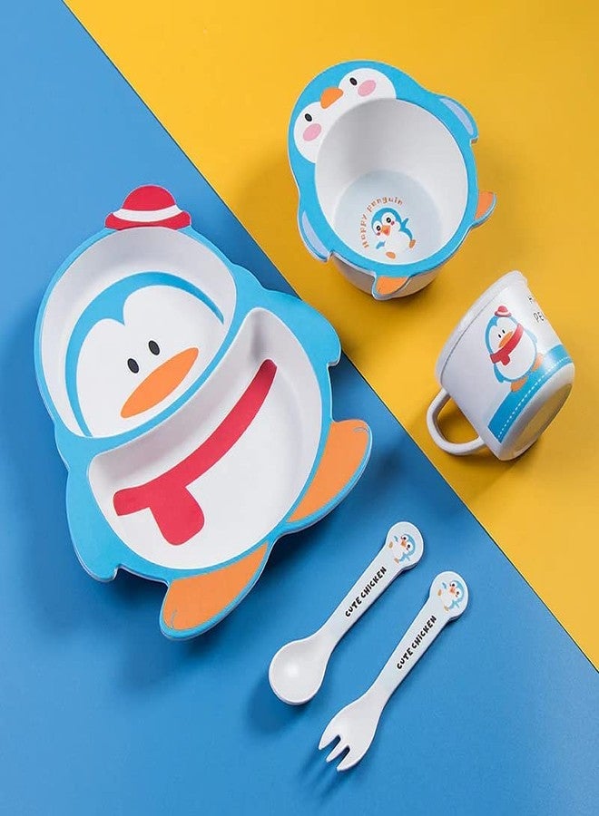 Invite Enterprise 5 Piece Mealtime Bamboo Dinnerware for Kids-Toddler,Set of Plate-Bowl Cup and Spoon-Baby Feeding Utensils for Kids, Eco Friendly and Dishwasher Safe, Great Gift for Birthday (Penguin) - Image 2