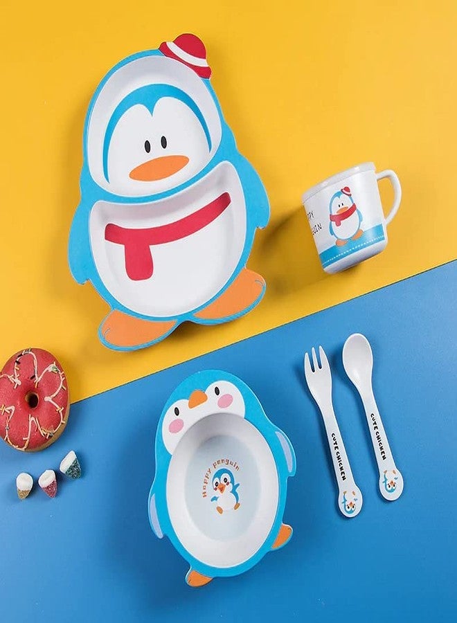 Invite Enterprise 5 Piece Mealtime Bamboo Dinnerware for Kids-Toddler,Set of Plate-Bowl Cup and Spoon-Baby Feeding Utensils for Kids, Eco Friendly and Dishwasher Safe, Great Gift for Birthday (Penguin) - Image 1