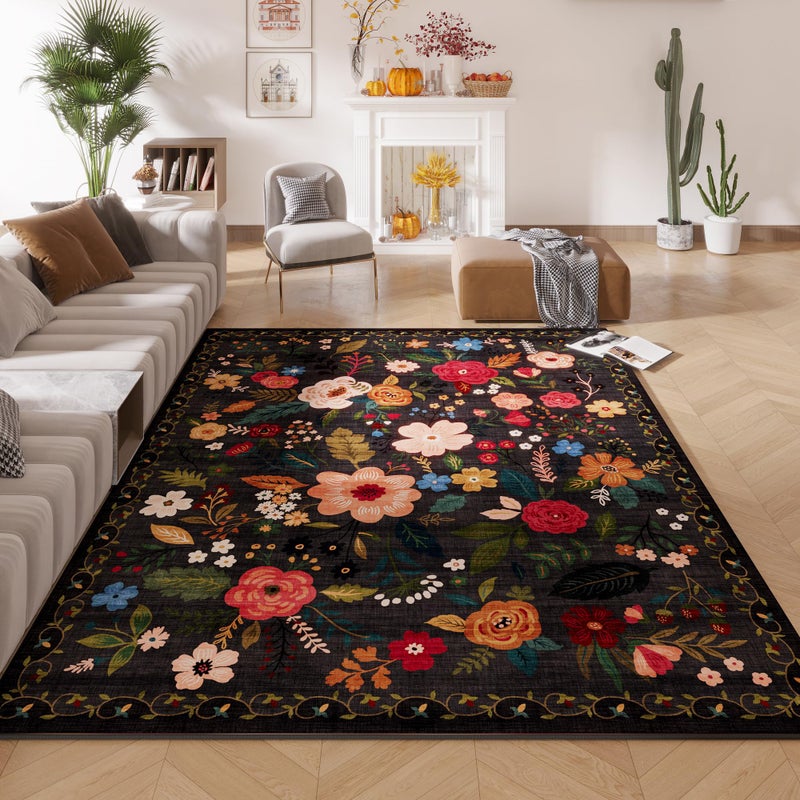 Rugcomf Living Room Rug 5x7 Rug Machine Washable Boho Area Rug Non Slip Floral Vintage Low Pile Large Rugs for Living Room, Bedroom, Farmhouse, Dining Room, Kids Playroom(Black) - Image 1