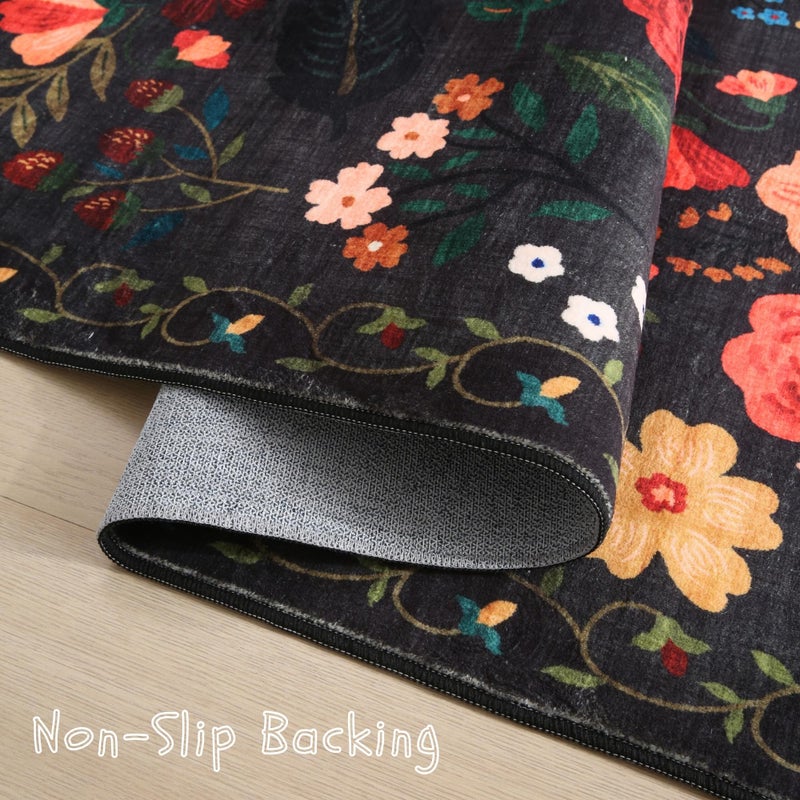 Rugcomf Living Room Rug 5x7 Rug Machine Washable Boho Area Rug Non Slip Floral Vintage Low Pile Large Rugs for Living Room, Bedroom, Farmhouse, Dining Room, Kids Playroom(Black) - Image 3