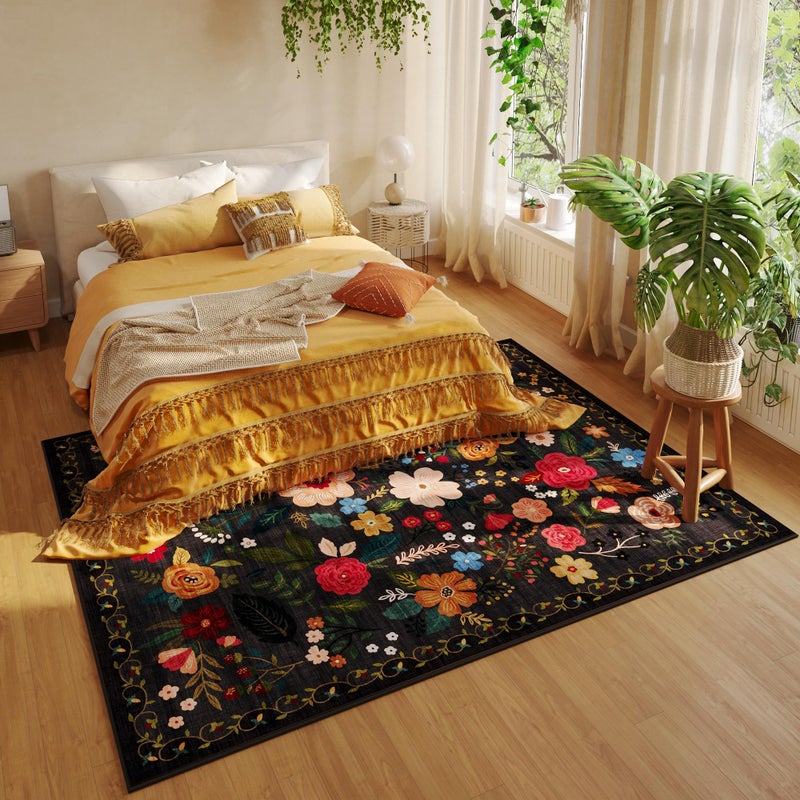 Rugcomf Living Room Rug 5x7 Rug Machine Washable Boho Area Rug Non Slip Floral Vintage Low Pile Large Rugs for Living Room, Bedroom, Farmhouse, Dining Room, Kids Playroom(Black) - Image 5