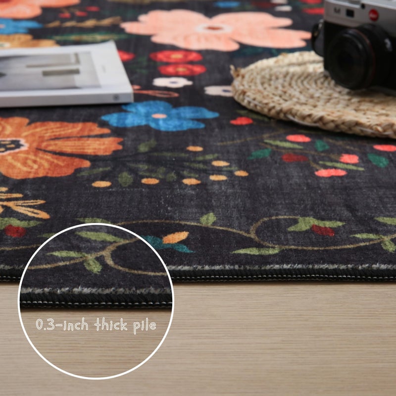 Rugcomf Living Room Rug 5x7 Rug Machine Washable Boho Area Rug Non Slip Floral Vintage Low Pile Large Rugs for Living Room, Bedroom, Farmhouse, Dining Room, Kids Playroom(Black) - Image 4