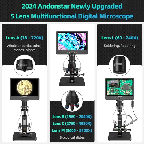 Andonstar AD269S 20X-5000X HDMI Digital Microscope with 10.1'' LCD Screen for Adults Kids, Home Lab Biological Microscope Kit with Slides, Full View for Coins, Windows Compatible - Image 2