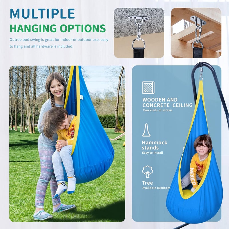 OUTREE Kids Pod Hanging Swing Seat Hammock,100% Cotton Child Swing Hammock Chair for Indoor and Outdoor use,Blue and Yellow - Image 2