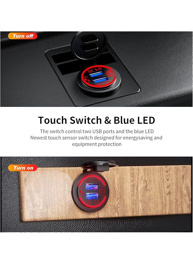 جيه زد اس مقبس شاحن سيارة، منفذ USB ثلاثي Qc3.0 مقبس سيارة معدني من الألومنيوم مع مفتاح تشغيل يعمل باللمس، محول شحن سريع للسيارة والقارب والبحرية والمركبات الترفيهية وعربات الجولف والدراجات النارية - Image 4