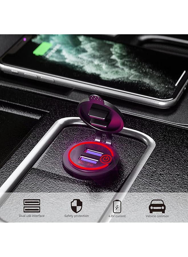 جيه زد اس مقبس شاحن سيارة، منفذ USB ثلاثي Qc3.0 مقبس سيارة معدني من الألومنيوم مع مفتاح تشغيل يعمل باللمس، محول شحن سريع للسيارة والقارب والبحرية والمركبات الترفيهية وعربات الجولف والدراجات النارية - Image 3