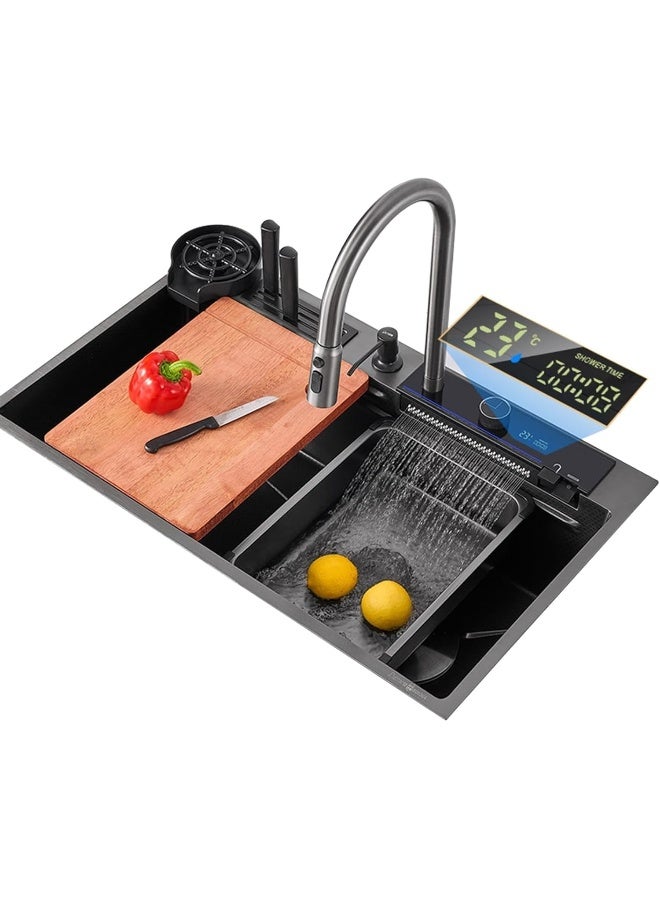 NOALED Kitchen Sink Digital Display Sink 304 Stainless Steel Sink Thickened Honeycomb Structure Raindance Waterfall Sink with Piano Key Pull-Out Faucet  - Image 1