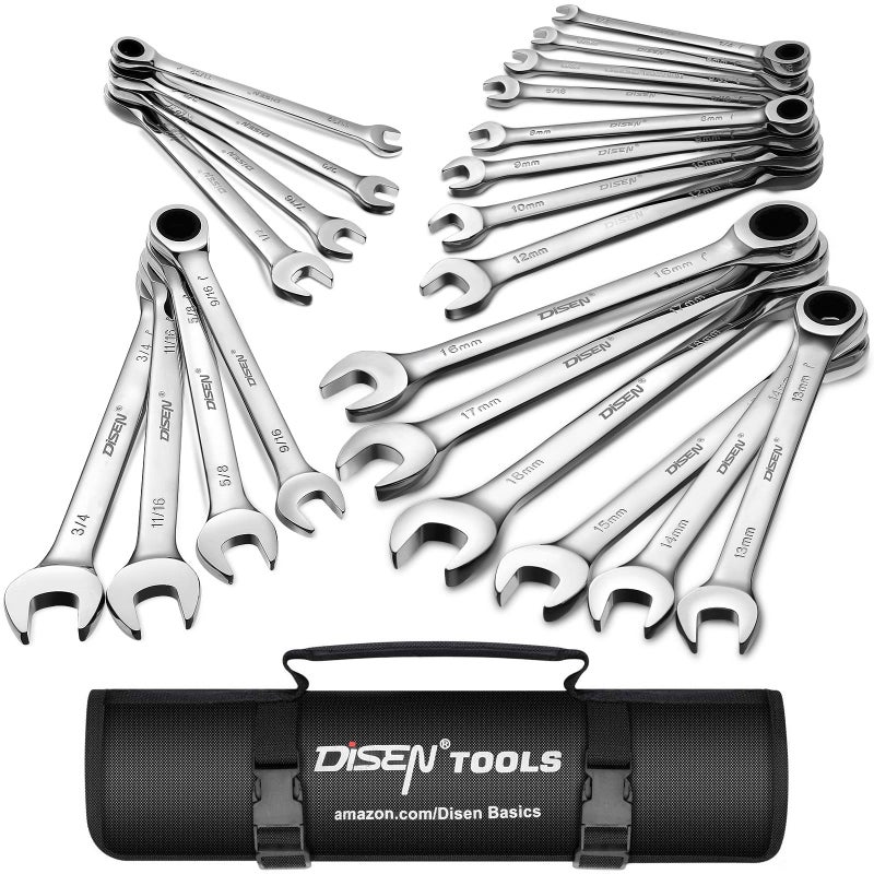 DISEN 22 PCS Ratcheting Wrenches Set, Combination Wrenches Set SAE & Metric Standard, 1/4" to 3/4" and 6-18mm Size, CR-V Steel, 12 Points 72-Teeth - Image 1