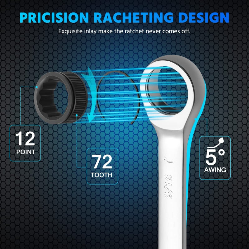 DISEN 22 PCS Ratcheting Wrenches Set, Combination Wrenches Set SAE & Metric Standard, 1/4" to 3/4" and 6-18mm Size, CR-V Steel, 12 Points 72-Teeth - Image 4