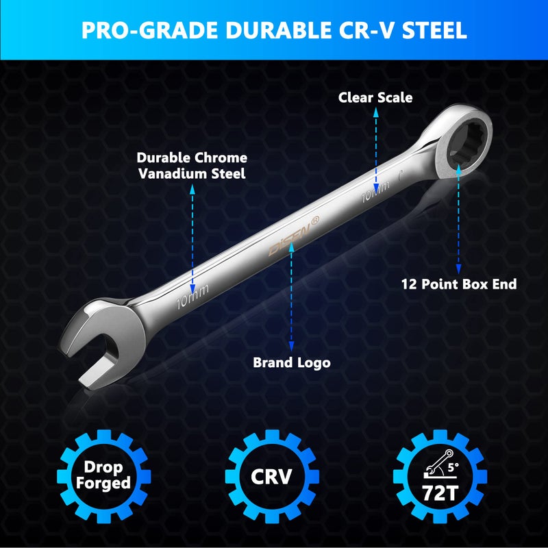 DISEN 22 PCS Ratcheting Wrenches Set, Combination Wrenches Set SAE & Metric Standard, 1/4" to 3/4" and 6-18mm Size, CR-V Steel, 12 Points 72-Teeth - Image 3