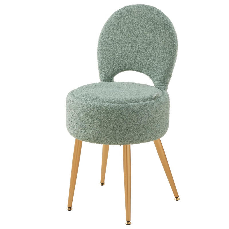 ZYKZYK Small Vanity Stool Chair with Storage and Folding Back,4 Metal Legs with Anti-Slip Feet,Round Ottoman with Velvet Seat, Furry Padded Seat for Makeup, Bedroom (Green, Small) - Image 1