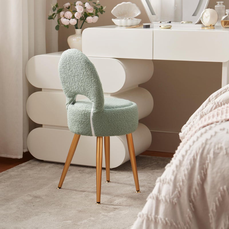 ZYKZYK Small Vanity Stool Chair with Storage and Folding Back,4 Metal Legs with Anti-Slip Feet,Round Ottoman with Velvet Seat, Furry Padded Seat for Makeup, Bedroom (Green, Small) - Image 2