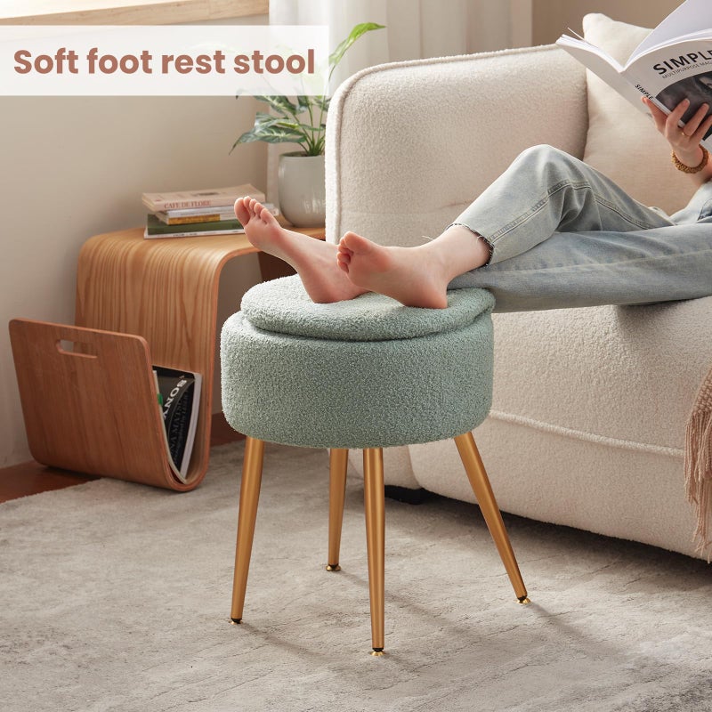ZYKZYK Small Vanity Stool Chair with Storage and Folding Back,4 Metal Legs with Anti-Slip Feet,Round Ottoman with Velvet Seat, Furry Padded Seat for Makeup, Bedroom (Green, Small) - Image 4