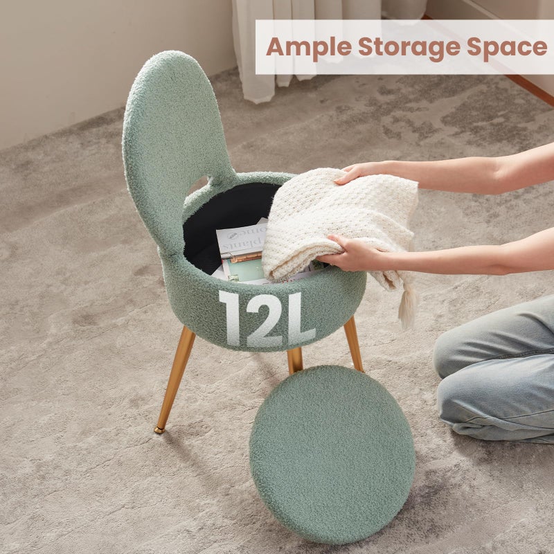 ZYKZYK Small Vanity Stool Chair with Storage and Folding Back,4 Metal Legs with Anti-Slip Feet,Round Ottoman with Velvet Seat, Furry Padded Seat for Makeup, Bedroom (Green, Small) - Image 5