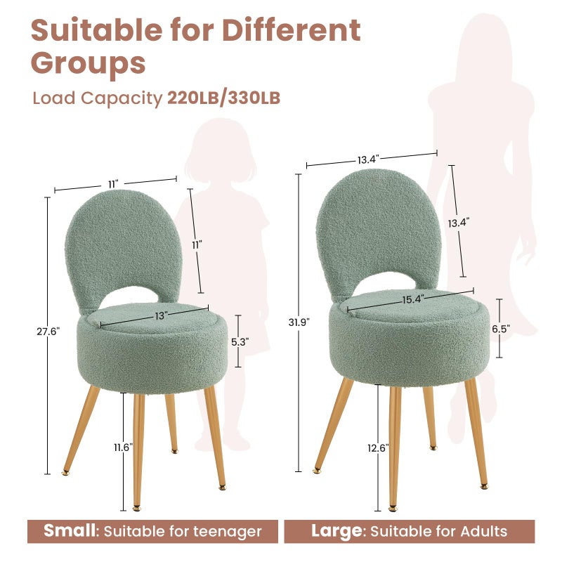 ZYKZYK Small Vanity Stool Chair with Storage and Folding Back,4 Metal Legs with Anti-Slip Feet,Round Ottoman with Velvet Seat, Furry Padded Seat for Makeup, Bedroom (Green, Small) - Image 3