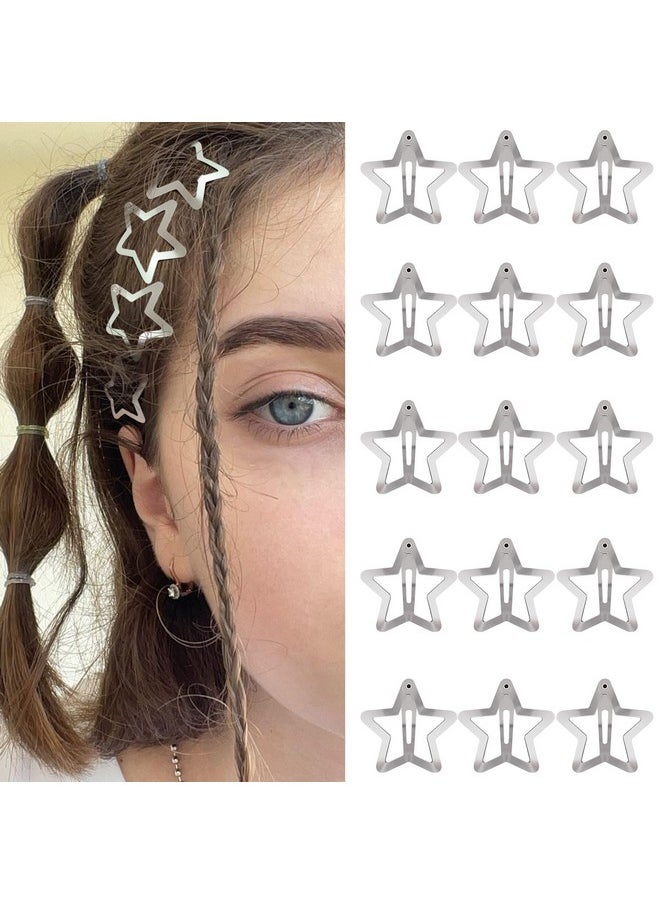 SAOROPEB - Star Hair Clips 2000S Y2K Snap Hair Barrettes Non Slip Star Hair Accessories Silver Metal Hair Clips For Girls Women 15 Pcs 1.18" - Image 1