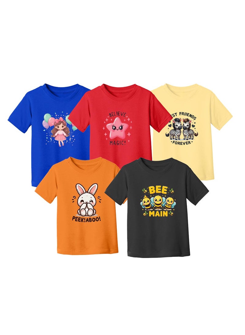برينت شوب فور مي مجموعة مكونة من 5 تي شيرتات بناتي أنيق - تي شيرت كومبو مطبوع بأكمام قصيرة للفتيات - تي شيرت برقبة دائرية للفتيات - تي شيرت كومبو للأطفال - Image 1