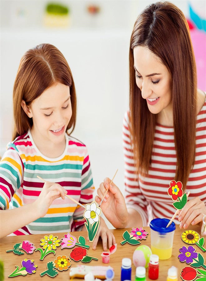 KASTWAVE 48 Pcs Wooden Flowers Painting Craft Kit for Kids, Drawing DIY Blank Cutout Chips, Unfinished Wood Flowers Ornaments Spring Arts Wooden for Kids Hanging Decoration - Image 2