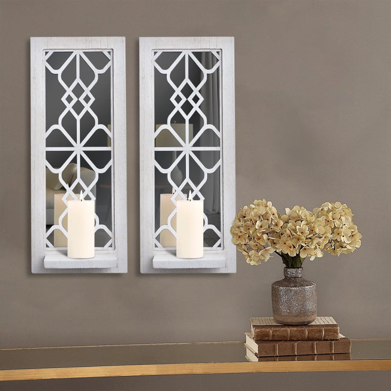 Pibeyer 2 Set Rustic Candle Holders Wall Dcor Farmhouse Candle Sconces Wood Decorative Wall ArtDistressed White