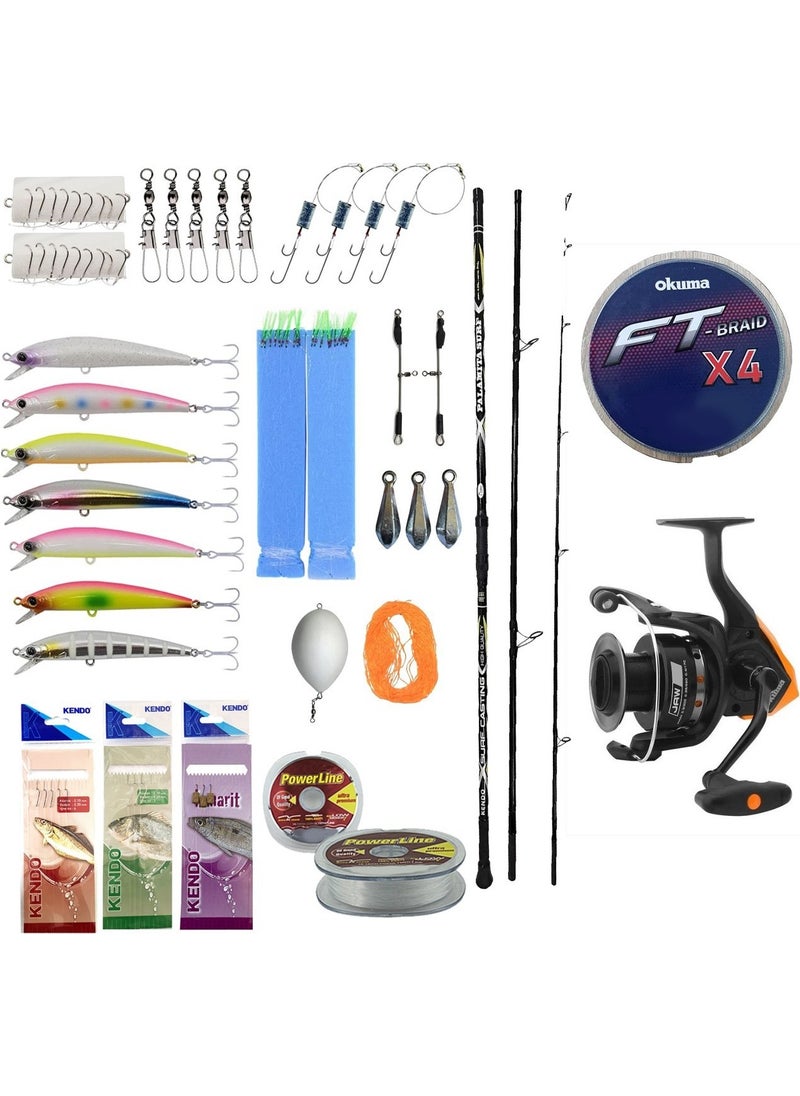 Yek Outdoor - Professional Ready Fishing Rod Set Kendo Palamita Surf 420CM 250GR 3 Piece Fishing Rod & Okuma Jaw-65 Fishing Machine - Image 1