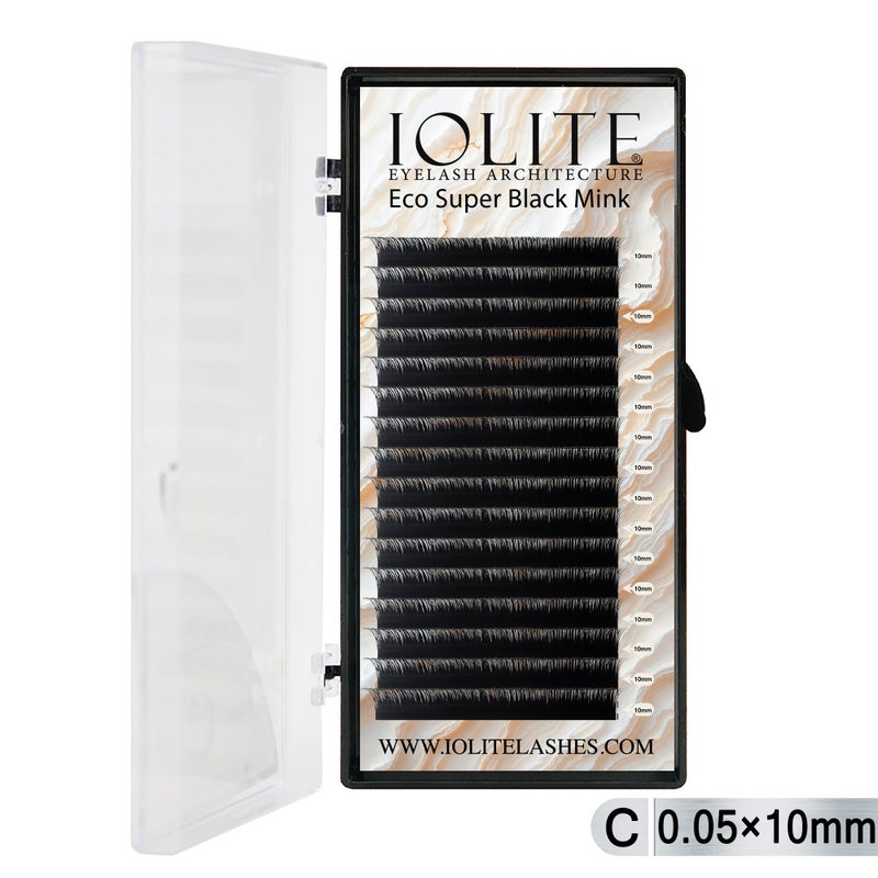 Iolite Super Black Mink Lash Extension – C Curl 0.5T Mix (6mm–15mm) | Premium Black Mink Eyelash Extension Tray for Lash Artists ISBMC5T - 10MM
