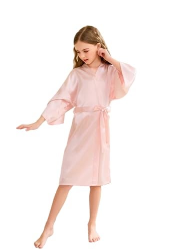 CuteOn Kids Girl's Satin Silky Kimono Robe for Spa Wedding Birthday Party Gifts Pink Size 5-7Years - Image 1