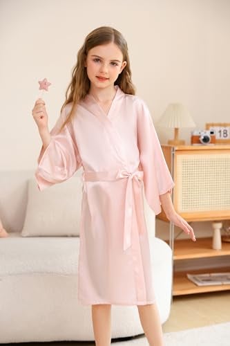CuteOn Kids Girl's Satin Silky Kimono Robe for Spa Wedding Birthday Party Gifts Pink Size 5-7Years - Image 3