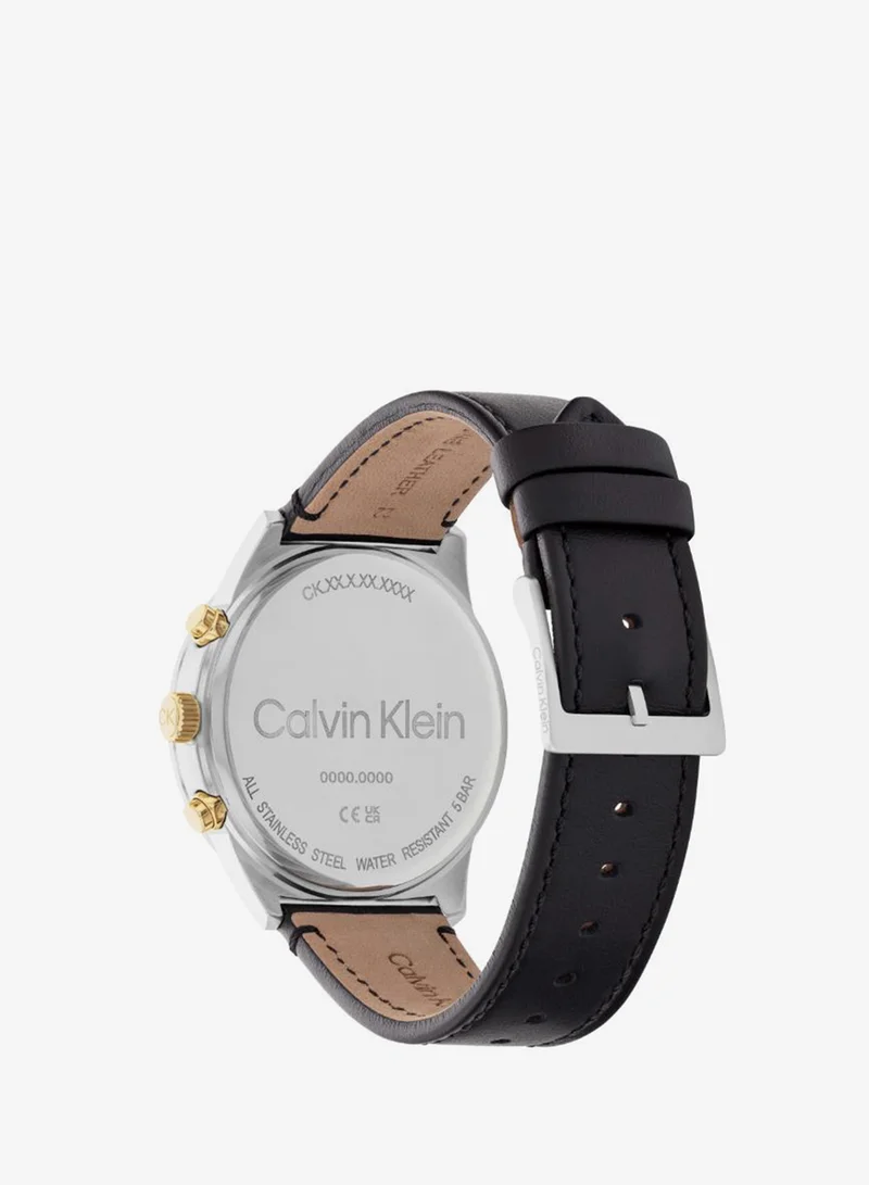 Calvin Klein Men's Quartz Multifunction Watch, White Dial, Black Leather Strap