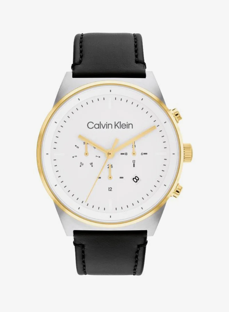 Calvin Klein Men's Quartz Multifunction Watch, White Dial, Black Leather Strap