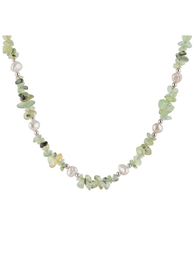 Minza “Sayuri” Women’s Necklace, Sterling Silver 925 with Prehnite Stones & Cultured Pearls, Adjustable Necklace for Women, Jewelry for Casual & Special Occasion - Image 1