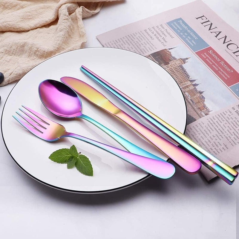 KN ENTERPRISE RT 8Piece Colorful Portable Utensils Set Stainless Steel Rainbow Travel Silverware Set Reusable Flatware Cutlery with Straws Chopsticks Gray Case - Image 2