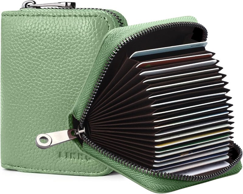Linno RFID 20 Slots Credit Card Holder Genuine Leather Small Wallet for Women or Men with Zipper - Image 1