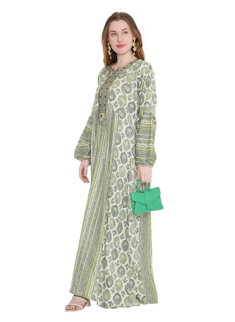 هانا آند سارا glamorous long viscose printed farasha with unique embroidered thread detailing arabic kaftan jalabiya dress
