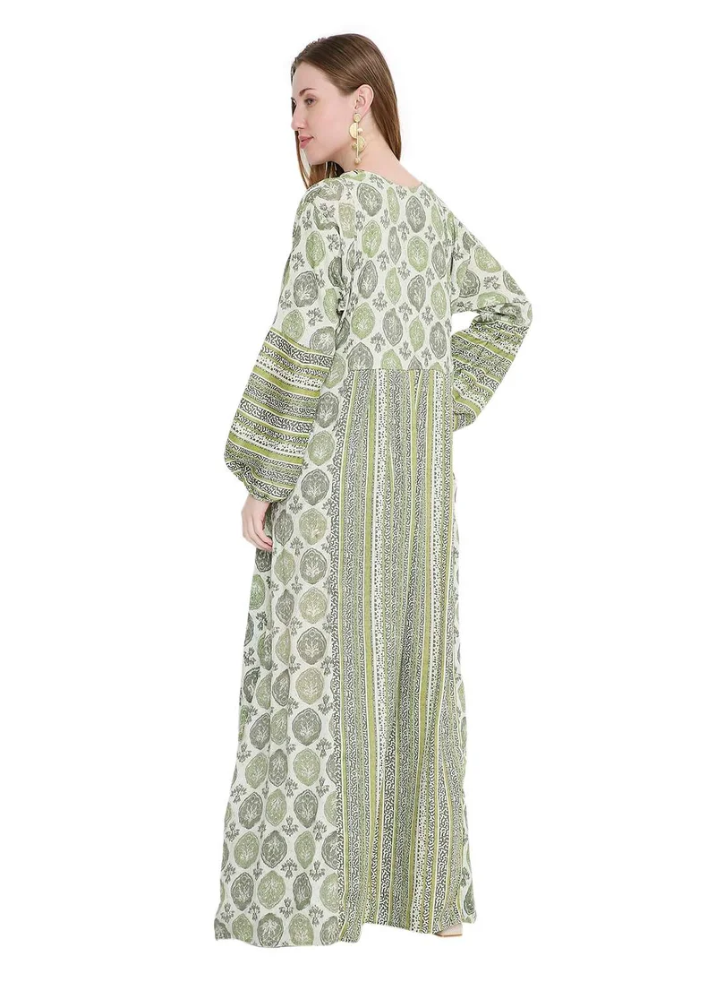 هانا آند سارا glamorous long viscose printed farasha with unique embroidered thread detailing arabic kaftan jalabiya dress