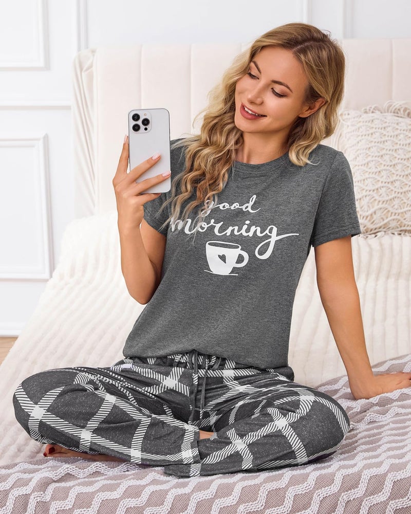 difficort Women's Pajama Sets Print Short Sleeve Top and Long Pants Sleep Set with Pockets, Grey, Small - Image 4