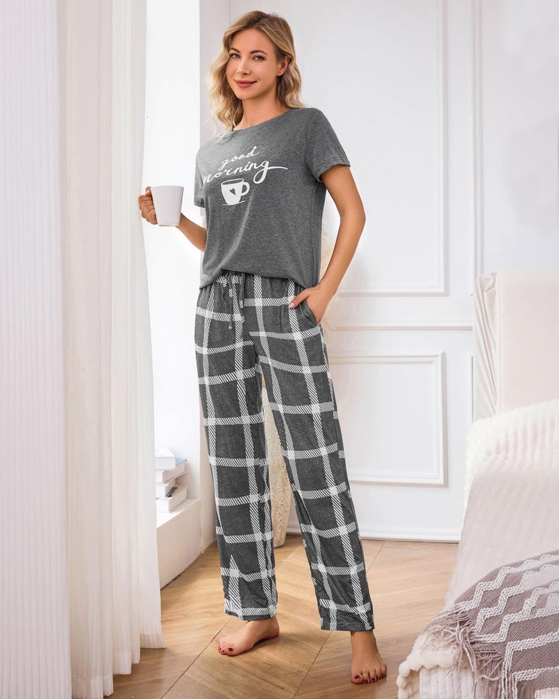 difficort Women's Pajama Sets Print Short Sleeve Top and Long Pants Sleep Set with Pockets, Grey, Small - Image 2
