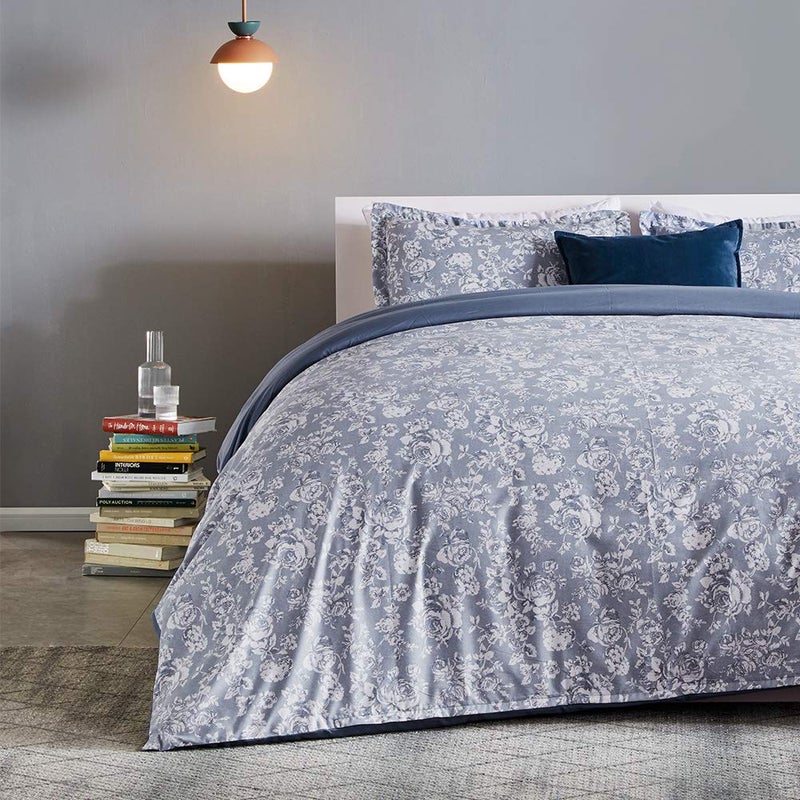 SLEEP ZONE Bedding Duvet Cover Sets Printed Pattern Elegant Peony 120gsm Ultra Soft Zipper Closure Corner Ties BlueFullQueen 90 X 90 inch  2 Pillow Shams