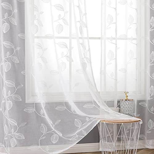 BGment White Sheer Curtains 63 Inch Length  Embroidered Leaf Pattern Semi Sheer Voile Floral Curtains Thin Light Filtering Grommet Window Drapes for Living RoomBedroom 2 Panels 52 x 63 Inch