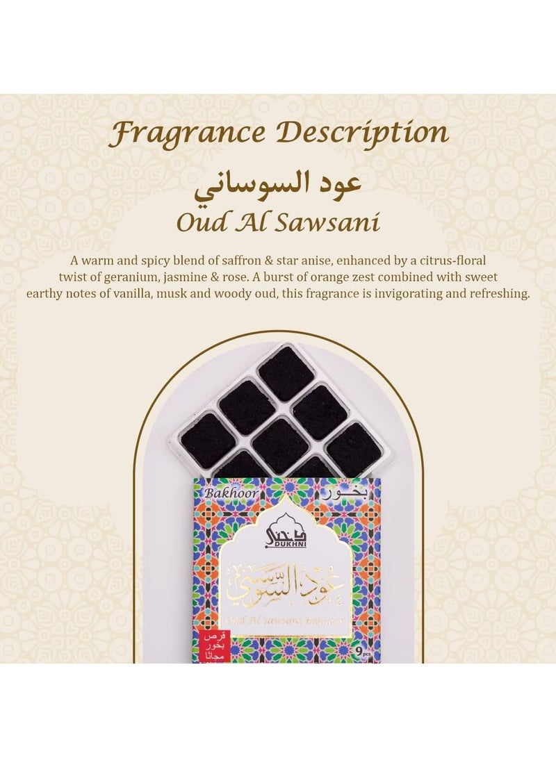Dukhni Oud Al Sawsani Bakhoor 3 boxes x 9 Piece each | Arabic Bakhoor Incense | Sandalwood Blend | Perfect for Prayer Time | To Relax & Meditate | Handmade Traditional recipe - Image 2