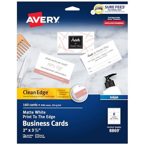 AVERY بطاقات عمل قابلة للطباعة من أفيري بحواف نظيفة مع تقنية Sure Feed، 2" × 3.5"، بيضاء، 160 بطاقة فارغة لطابعات الحبر (8869) - Image 1
