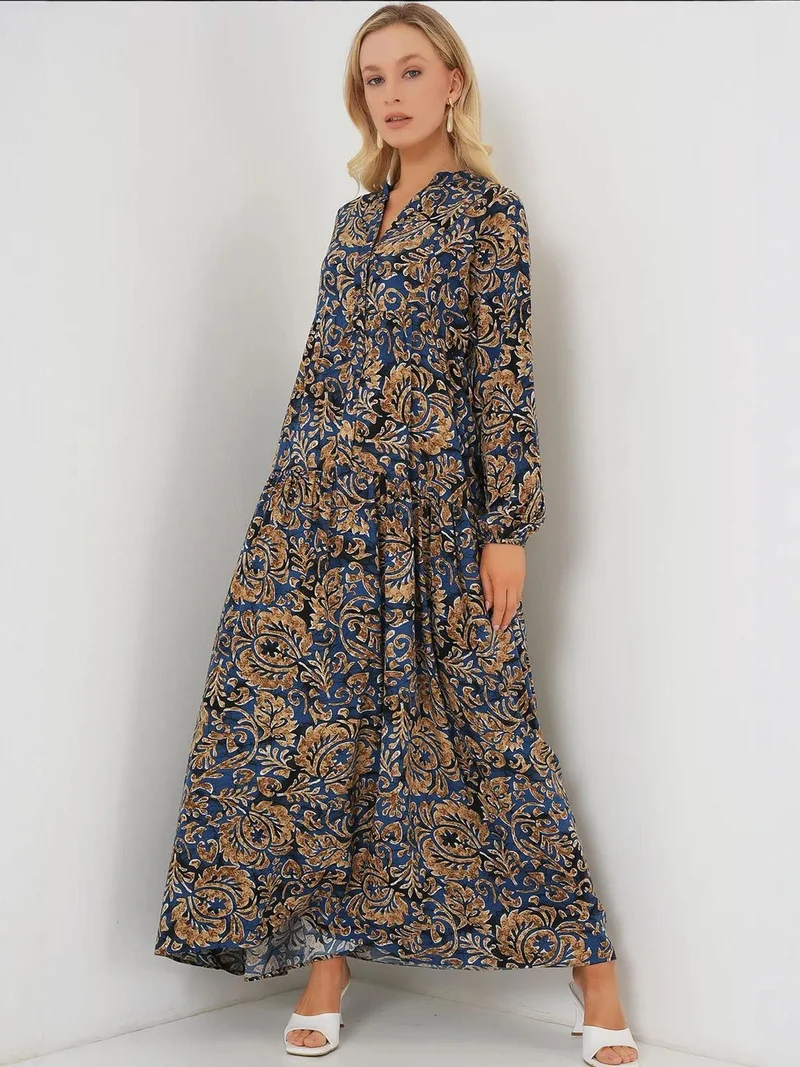 بيغ دارت فستان ماكسي بياقة على شكل حرف  بنقوش وزر إغلاق من