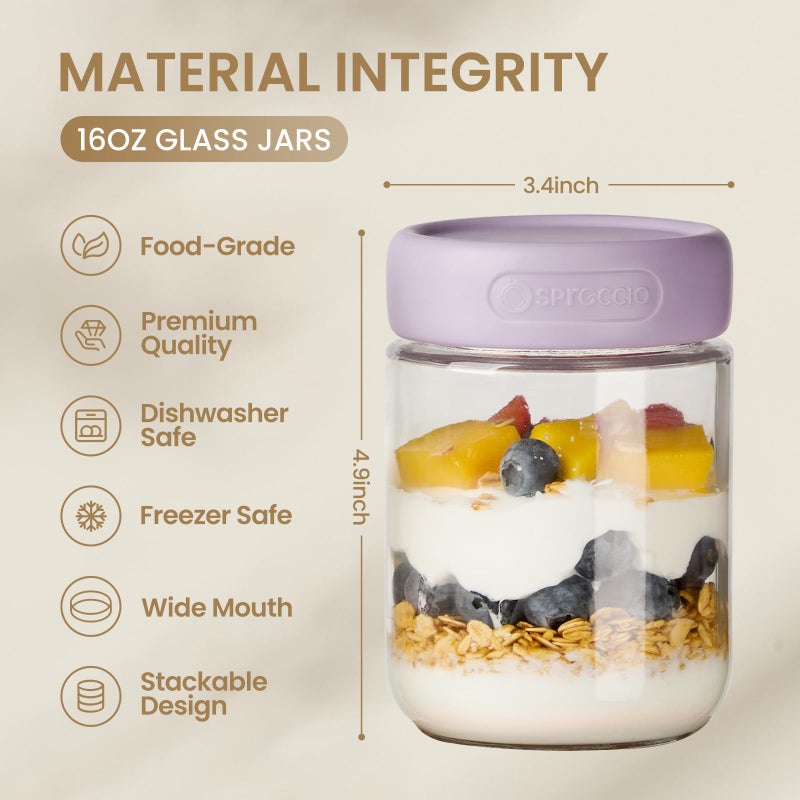 Spreccio 6-Pack 16oz Glass Jars with Lids, Glass Storage Jars, Yogurt Containers with Lids for Chia Pudding Salad Cereal Coffee Seed Spices - Image 2