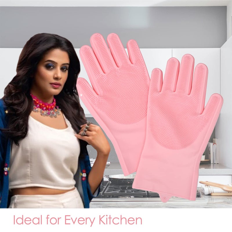 Kuber Industries Kuber Industries Kitchen Gloves|Silicone Kitchen Dish Washing Gloves|Scrubbing Gloves for Kitchen|Car Cleaning Gloves|Bathroom Cleaning Gloves|1 Pair (Pink) - Image 4