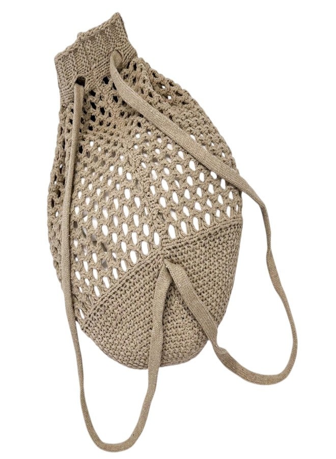 ENBEI Small Crochet drawstring Backpack Handmade crochet Purse for Beach,Travel, Beach Bag for Women,Lightweight Mesh Bag (khaki) - Image 4