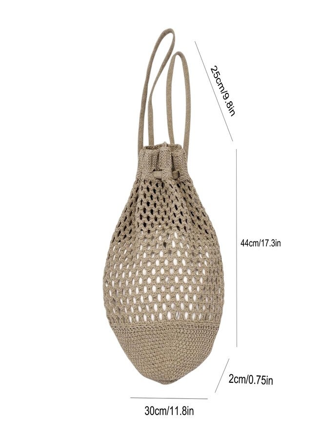 ENBEI Small Crochet drawstring Backpack Handmade crochet Purse for Beach,Travel, Beach Bag for Women,Lightweight Mesh Bag (khaki) - Image 2