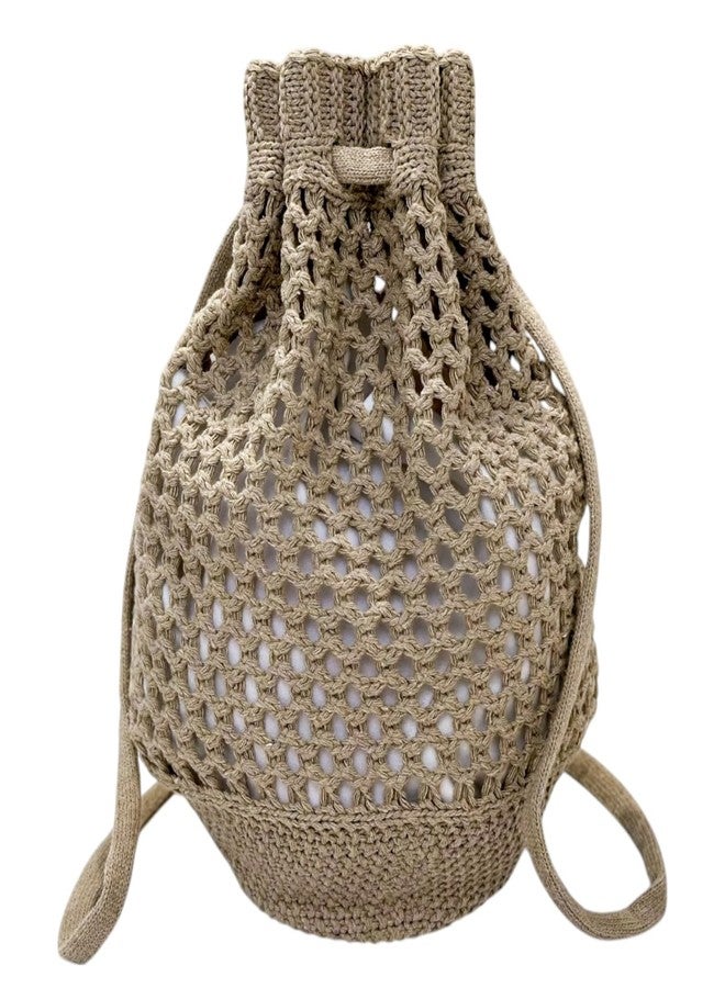 ENBEI Small Crochet drawstring Backpack Handmade crochet Purse for Beach,Travel, Beach Bag for Women,Lightweight Mesh Bag (khaki) - Image 1
