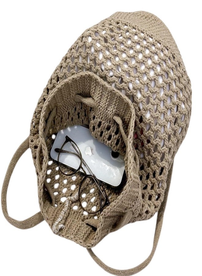 ENBEI Small Crochet drawstring Backpack Handmade crochet Purse for Beach,Travel, Beach Bag for Women,Lightweight Mesh Bag (khaki) - Image 5