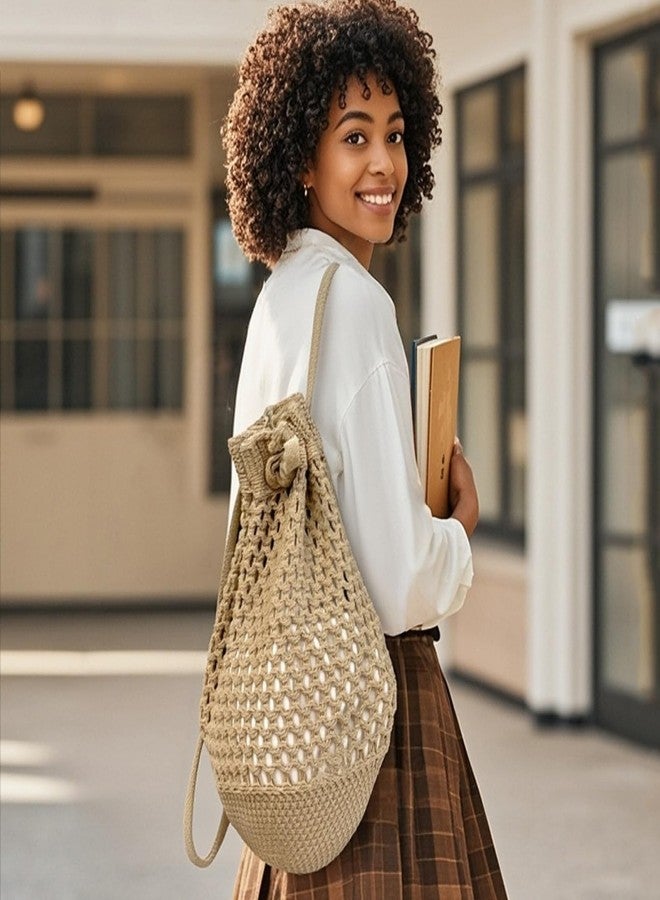 ENBEI Small Crochet drawstring Backpack Handmade crochet Purse for Beach,Travel, Beach Bag for Women,Lightweight Mesh Bag (khaki) - Image 3