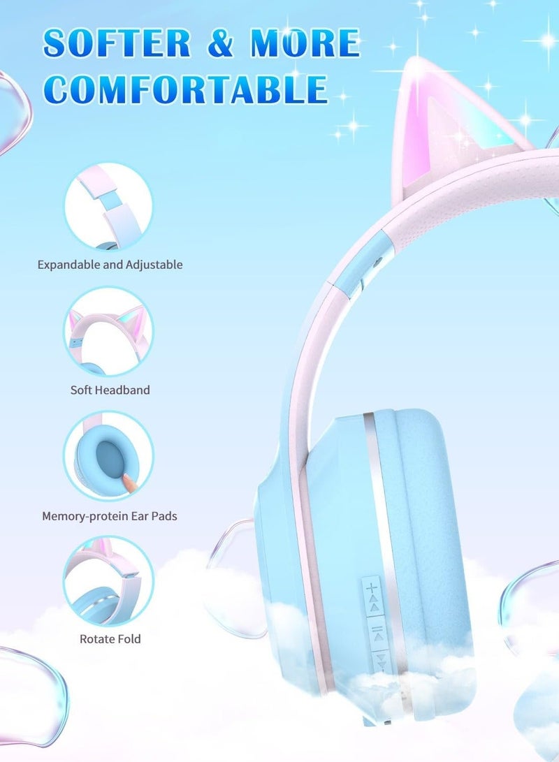 تمويل سماعات أذن قطة للأطفال تعمل بالبلوتوث مع أضواء LED، سماعات أذن قطة قابلة للطي مع آذان مضيئة LED، سماعات أذن قطة للأطفال الصغار، سماعات رأس لاسلكية للأطفال للسفر وأجهزة iPad اللوحية (أزرق) - Image 4
