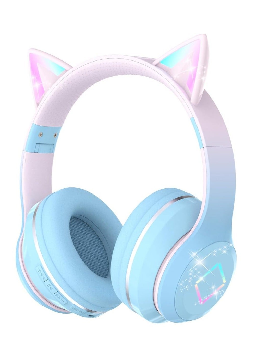 Cat Ear Kids Bluetooth Headphones with LED Lights, Foldable Cat Ear Headphones with LED Light Ears, Cat Ear Headphones for Toddlers, Kids Wireless Headphones for Travel iPad Tablets (Blue)